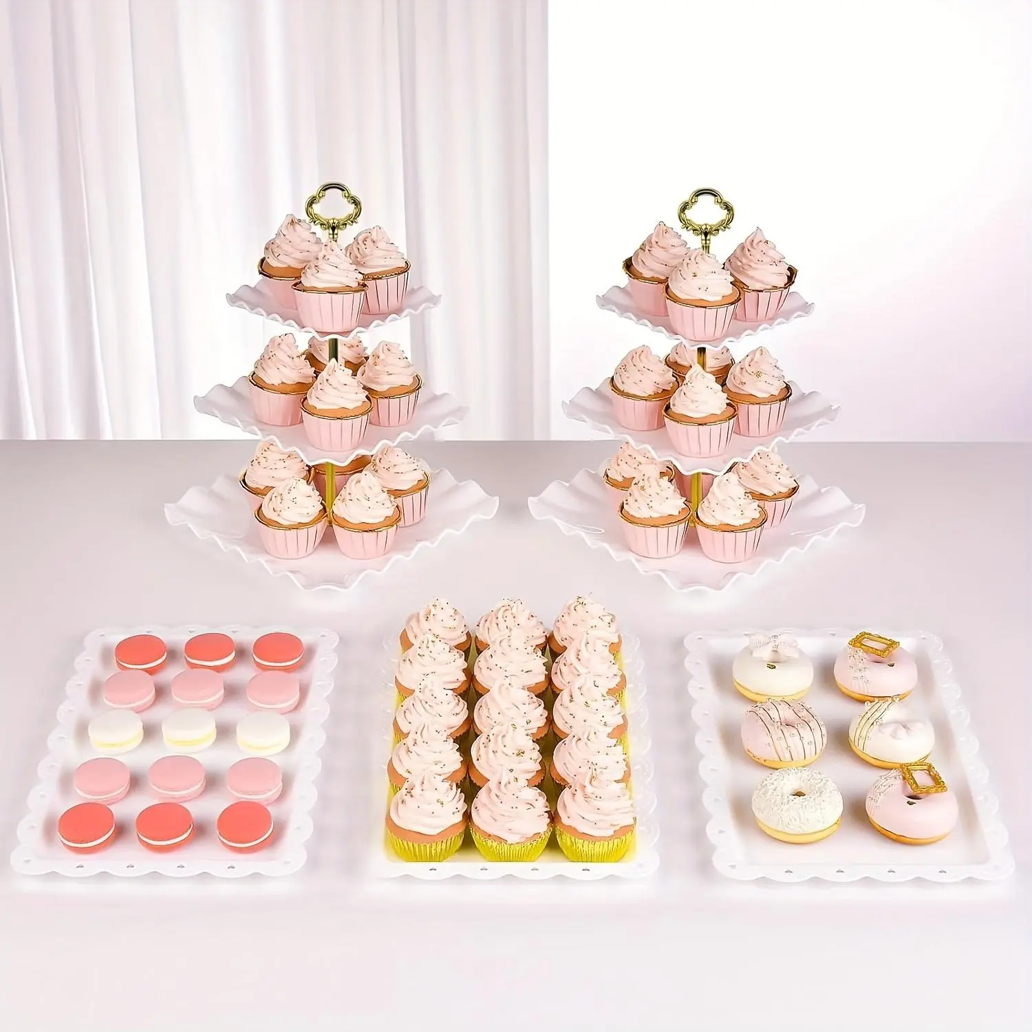 5-Piece Soft Tone Plastic Cupcake Dessert Stand Kit - 3-Layer Oversized Racks, Snack Platters, Serving Tower for Bridals, Ceremonies, Special Occasions