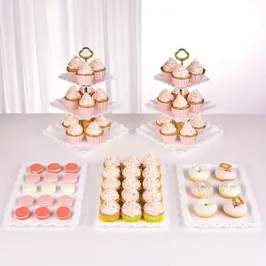 5-Pack Soft Tone Decorative Plastic Cupcake Display Kit - 3-Layer Oversized Racks, Snack Platters, Dessert Serving Tower for Wedding Ceremonies, Special Occasions