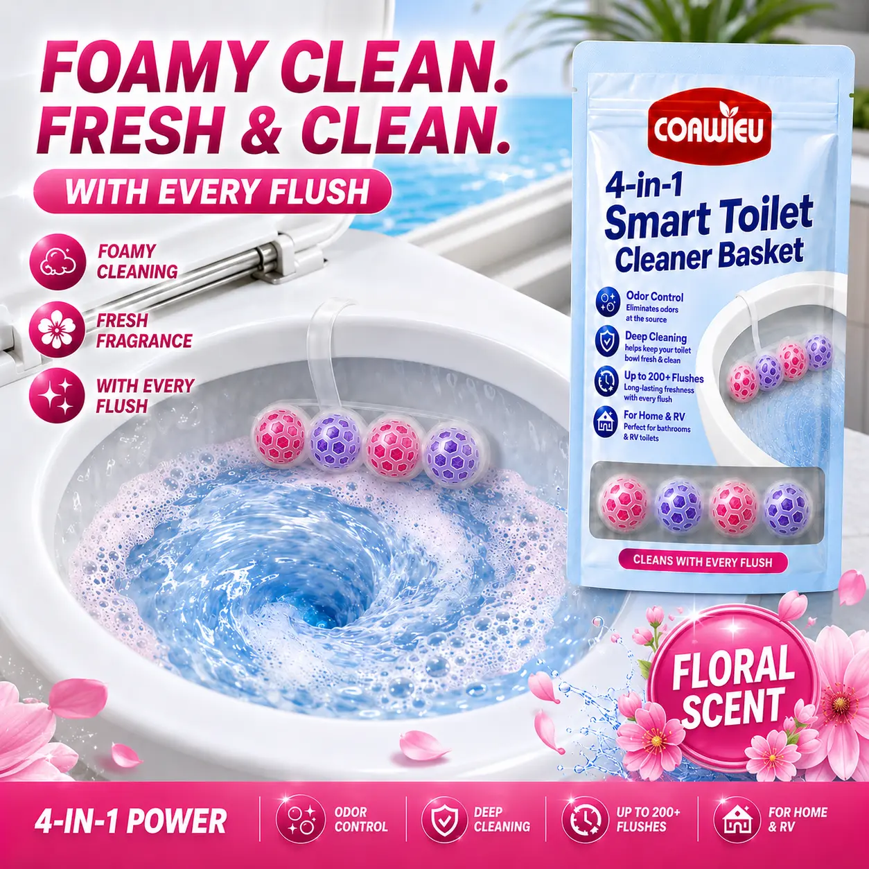 COAWIELI 4-in-1 Toilet Cleaning Balls, Hanging Toilet Rim Cleaner Basket, Automatic Foaming Toilet Bowl Cleaner With Fresh Scent, Odor Control Toilet Freshener For Bathroom, Home, RV, Apartment, Dorm, 5 Packs