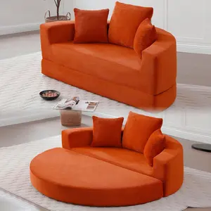 Convertible Sofa Couch Bed Round Sleeper Chaise Lounge Chair Indoor Corduroy Upholstered Oversized Sleeper Sofa Bed with Pillows, 2-in-1 Futon Sofa Bed with Half-Circle Design, Comfy Loveseat for Living Room, Apartment