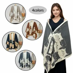 1 Piece Women's Cute Cat Print Scarf - Soft Beige and White Cat Pattern, Japanese and Korean Style Fashion Shawl, Suitable for Weekend Cafe Outfits, Picnic Accessories, Daily Commuting - Breathable Non-Stretchy Neckline