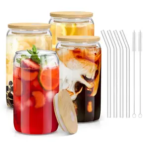 4 pcs Glass Cups with Bamboo Lids and Straws -16 oz Glass Tumbler with Straw and Lid & Cleaning Brush, Iced Coffee Cups with Lids