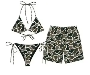 Matching Couple Camo Duck Print Swimwear Set for Couples -Swim Bra & Tie Side Thong Bikini + Men's Beach Shorts, Summer Vacation