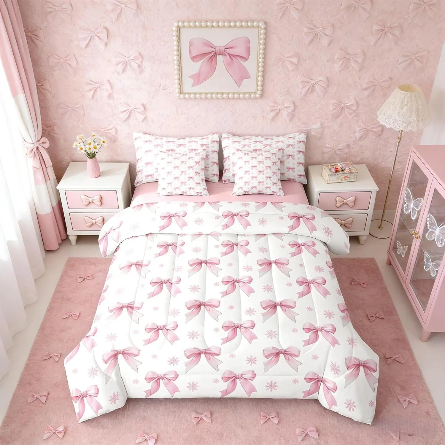 Pink Bowknot Girls 7 Piece Bedding Set,Kids Bow Comforter Bed Set with Sheets,Ribbon Kawaii Bed Bag,Coquette Bed Set