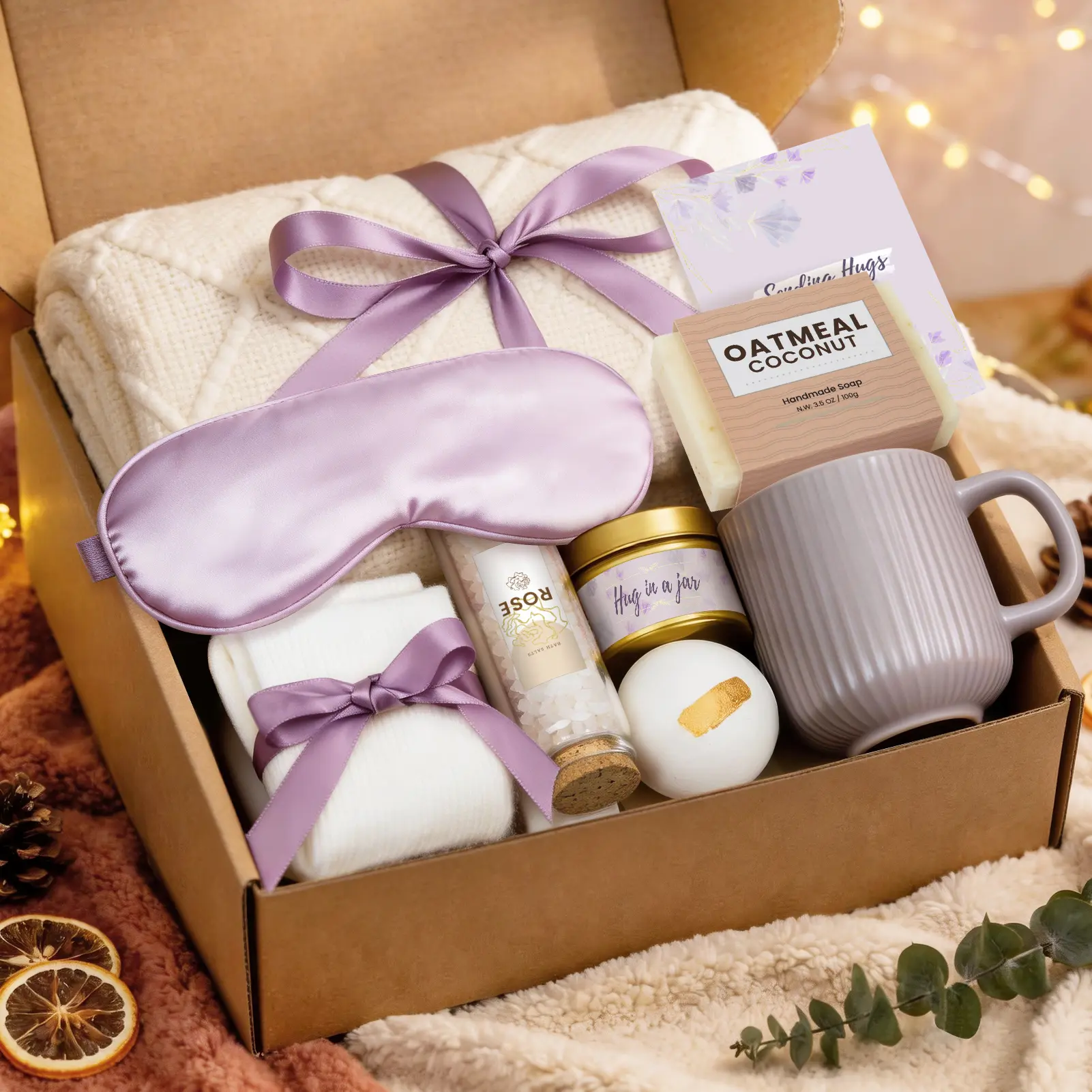 Pure Adult Relaxing Spa Bath Care Bundle - 9 Items Home & Party Supplies with Flannel Blanket, Mug, Female Self-Care Stress Relief Birthday Gift Ideas