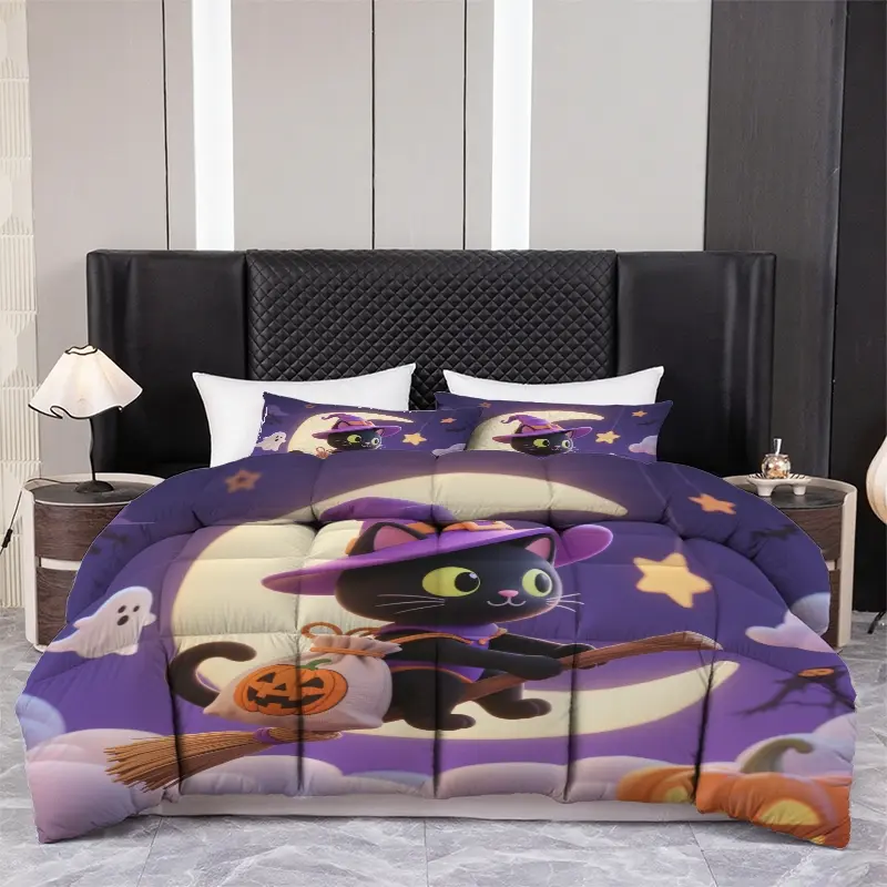 Halloween Witch Cat & Pumpkin Quilt Set, 3-Piece Bedding with Pillowcases, Soft Cozy Lightweight Fabric for All Seasons