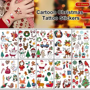 10 Christmas Watercolor Tattoo Stickers, Waterproof Cartoon Funny Holiday Party Fake Tattoos, Colorful Temporary Tattoos for Christmas Parties
