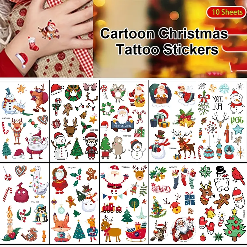 10 Christmas Watercolor Tattoo Stickers, Waterproof Cartoon Funny Holiday Party Fake Tattoos, Colorful Temporary Tattoos for Christmas Parties