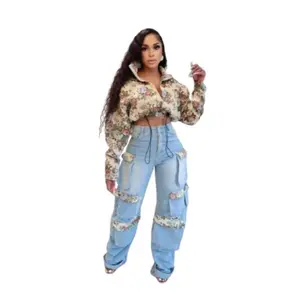 2 Piece Set Washed Denim Full Sleeve Floral Jacket And Pockets Cargo Jeans Pants Suit Street Outfit Short Vneck Womenswear Trouser Gamis Streetwear Vintage Clothes Chic