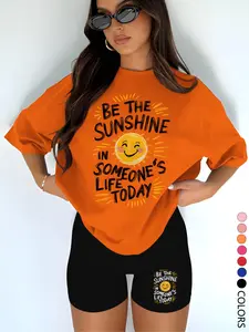 Two-Piece Set Women's Sun Print Short Sleeve Tee & Skinny Shorts, Casual Round Neck T-shirt & Short Leggings, Ladies Summer Clothes for Daily Wear, Suits, Beach Outfits Set, Womenswear