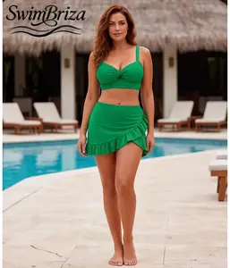 Briza｜Women's Twist Front Ruffle Two-Piece Swimsuit High Waisted Bikini Set in Matte Stretch Green with Push Up Padding, Adjustable Straps, and Cute Vacation-Ready Beach Swimwear, Women's Swimwear, Bathing Suit for Women, Two Piece Bathing Suit