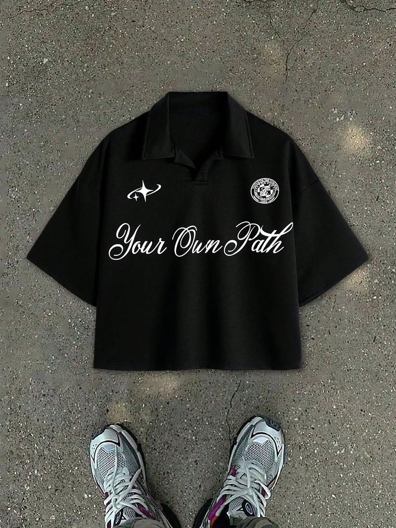 "Your Own Path" Star Graphic Geometric Cropped Polo Shirt | Y2K Streetwear Casual Short Sleeve Top