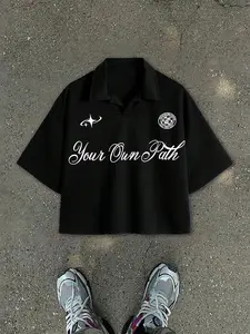 "Your Own Path" Star Graphic Cropped Polo Shirt | Y2K Streetwear Casual Short Sleeve Top