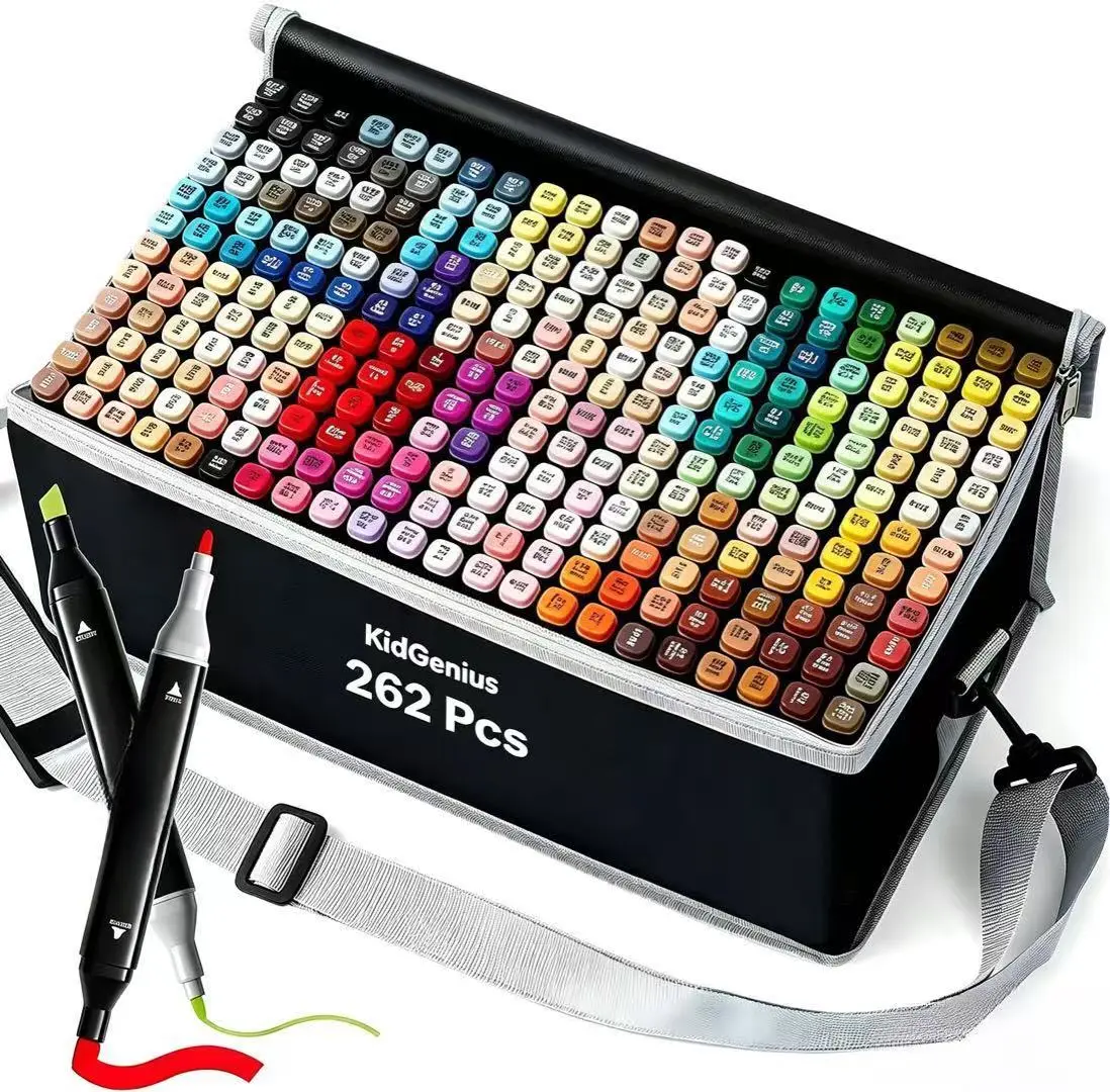 KIDGENIUS Dual Tip Alcohol-Based Art Marker Pens - Broad Chisel & Fine Round Tips, Comfortable Grip, Durable Design, Portable Travel Case for Easy Organization, Beginners’ Drawing
