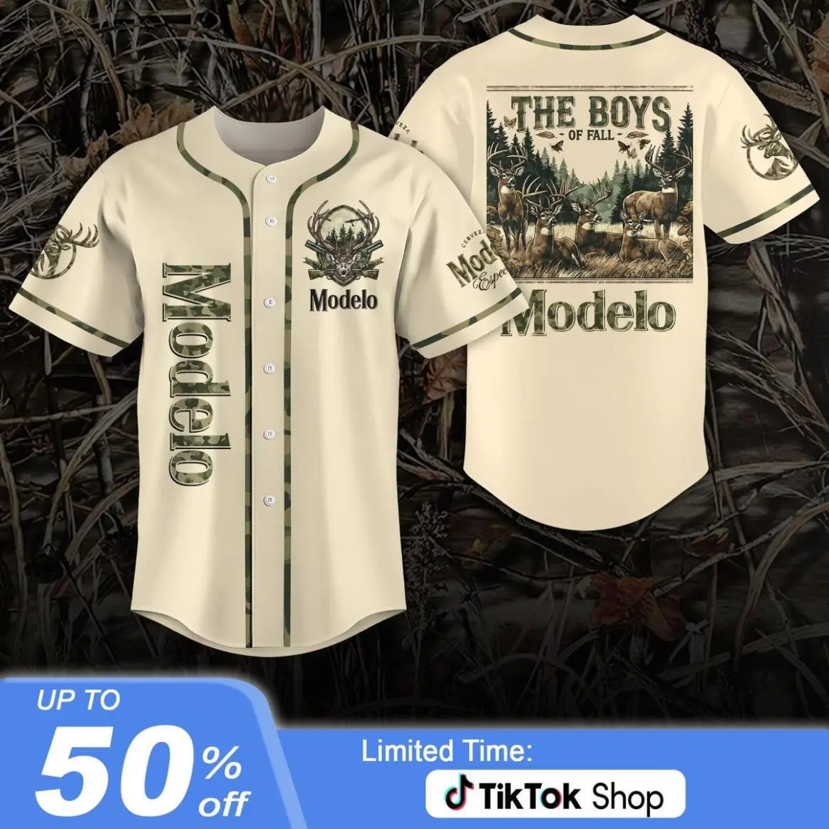 Camo Modelo x Deer The Boys of Fall Jersey, Vintage Hunting Jersey, Classic Fall Sportswear, Perfect for Hunters and Beer Lovers