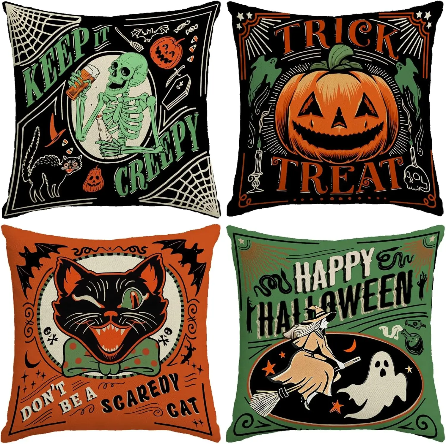 Halloween Decor Pillow Covers 18x18 Inch,Set of 4 Fall Decoration Indoor Outdoor Throw Pillow Covers, Keep It Creepy Ghost Black Green Linen Cushion Case for Home Sofa Couch Bedroom Chair