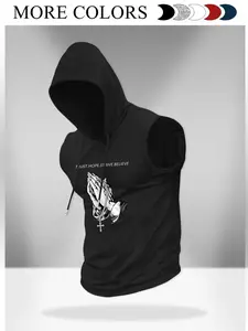 Men's Regular Fit Cross Print Hooded Tank Top, Casual Sleeveless Graphic Hoodies Vest for Summer, Men's Top for Daily Wear, Sweatshirts, Casual Comfy Streetwear