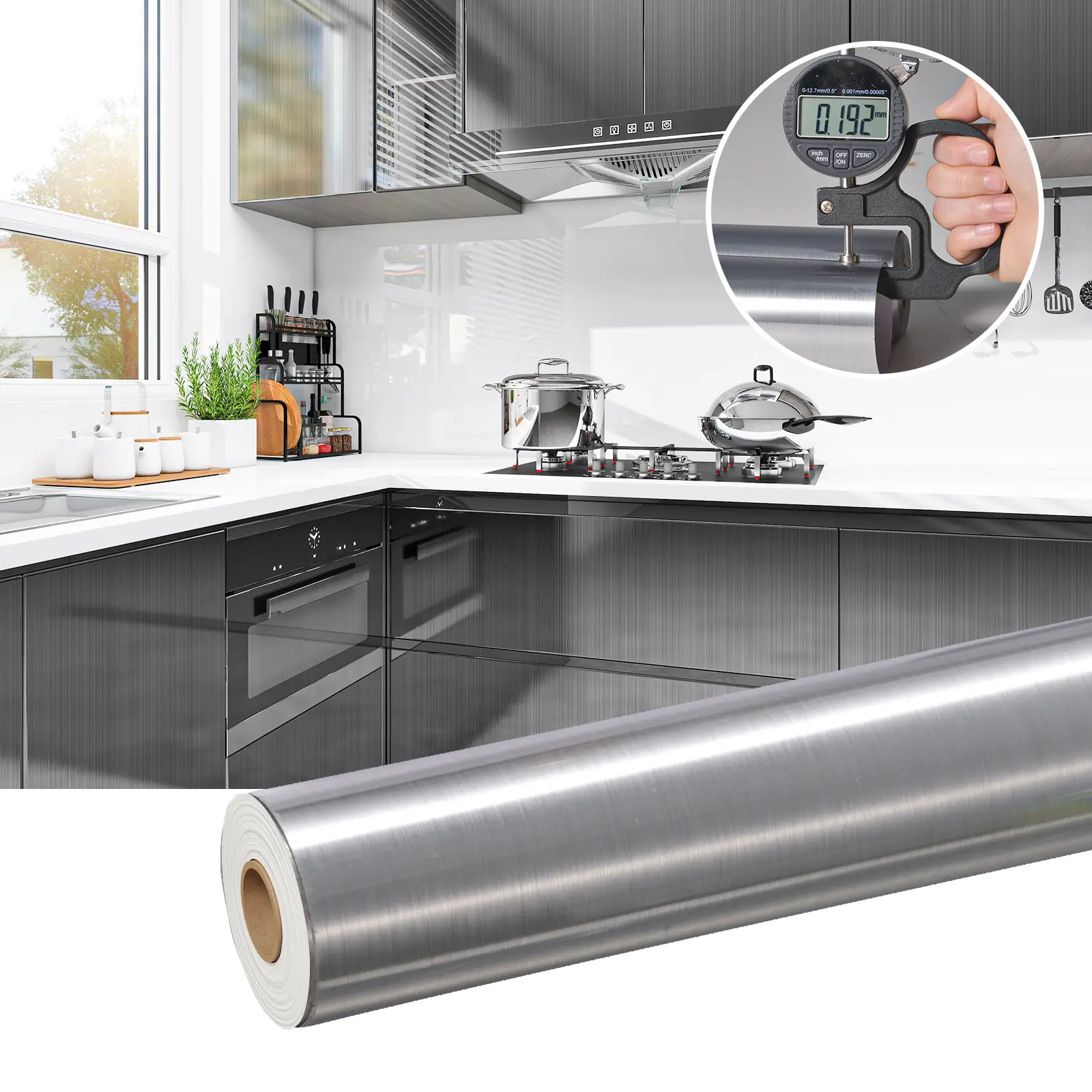 1 Roll Silver Color Brushed Imitation Metal Film Sticker, Self-Adhesive Waterproof PVC Kitchen Wallpaper Peel and Stick Cabinet Renovation Wallpaper, Suitable for Interior Walls DIY Accent Wall Decoration