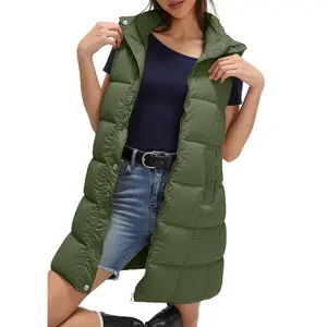 UANEO Women's Long Puffer Vest Solid Color Winter Sleeveless Puffy Jacket Outwear with Removable Hood