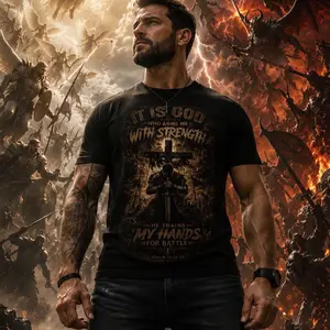 Psalm 18:32-34 Christian Warrior T-Shirt | God Arms Me With Strength | Men’s Faith Graphic Tee | Spiritual Warfare Shirt