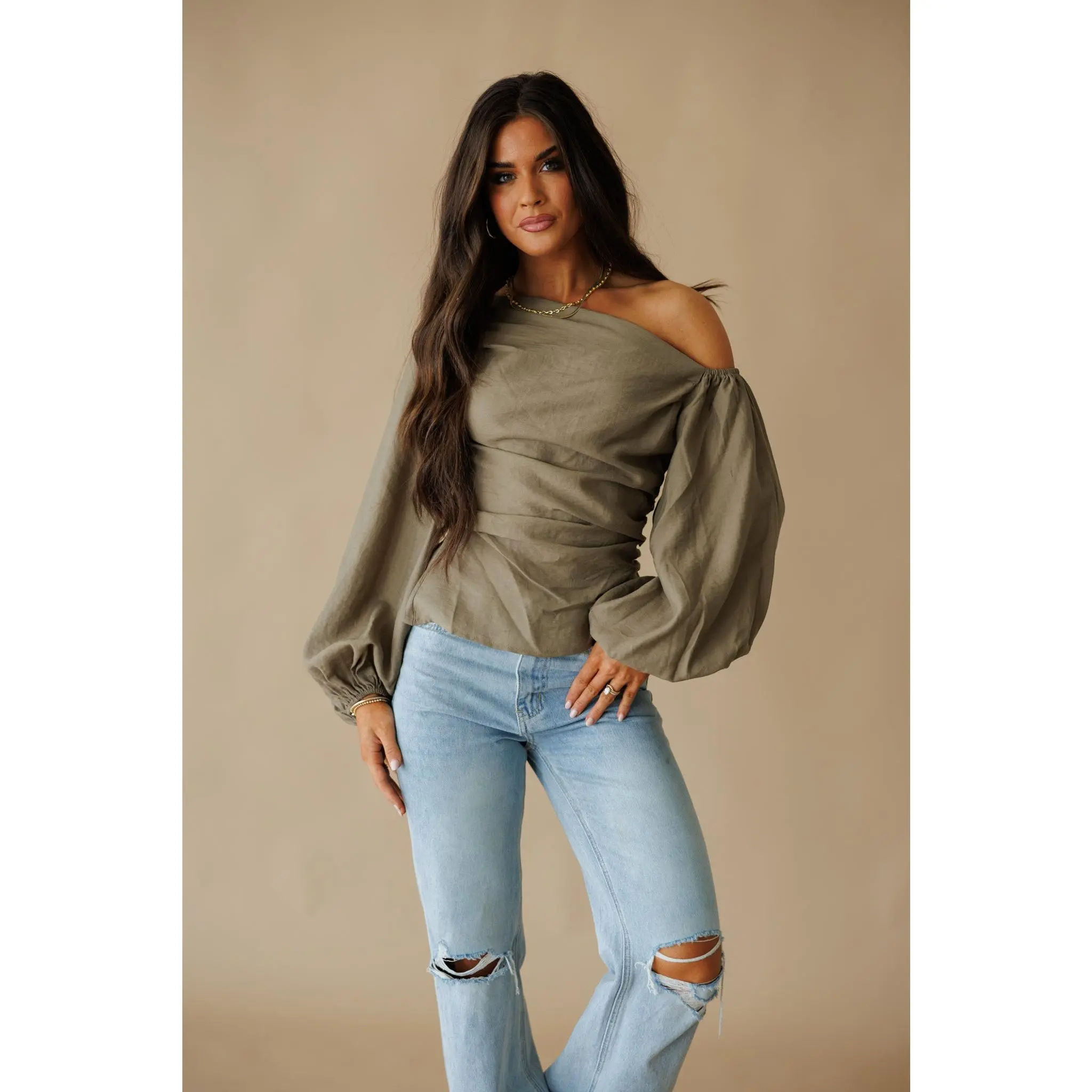 Lola Ruched Asymmetric Blouse - Olive