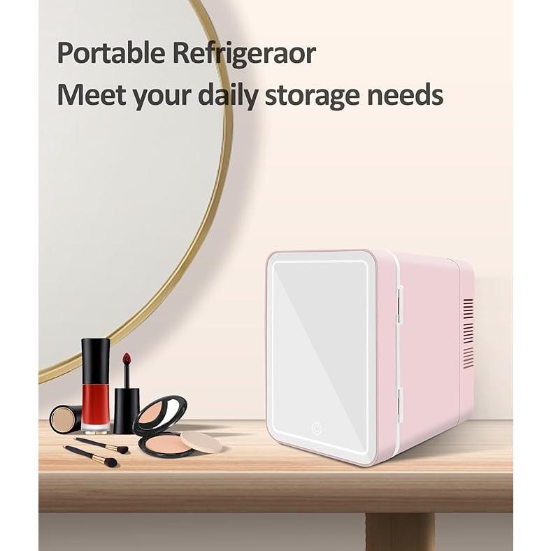 Mini Skincare Fridge (4 Liter/6 Can) with Dimmable LED Light Mirror, Cooler and Warmer for Refrigerating Make Up, Skin Care and Food, Portable Mini Fridge for Bedroom, Office and Car, Pink