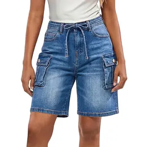 Flamingals Drawstring Flap Pocket Mid Waist Denim Bermuda Shorts Stretchy 9.8'' Inseam
