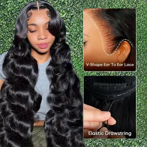 【Drawstring Wigs】Bling Hair 13x6 Glueless Lace Frontal Wigs Pre Cut Lace Ear to Ear HD Transparent Lace Skin Melted Brazilian Body Wave/Deep Wave Human Hair Wigs 180% Density Glueless Ready to Wear Wigs For Women