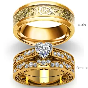 Gold Couple Promise Rings Set for Him & Her | Stainless Steel Heart CZ Engagement Matching Rings
