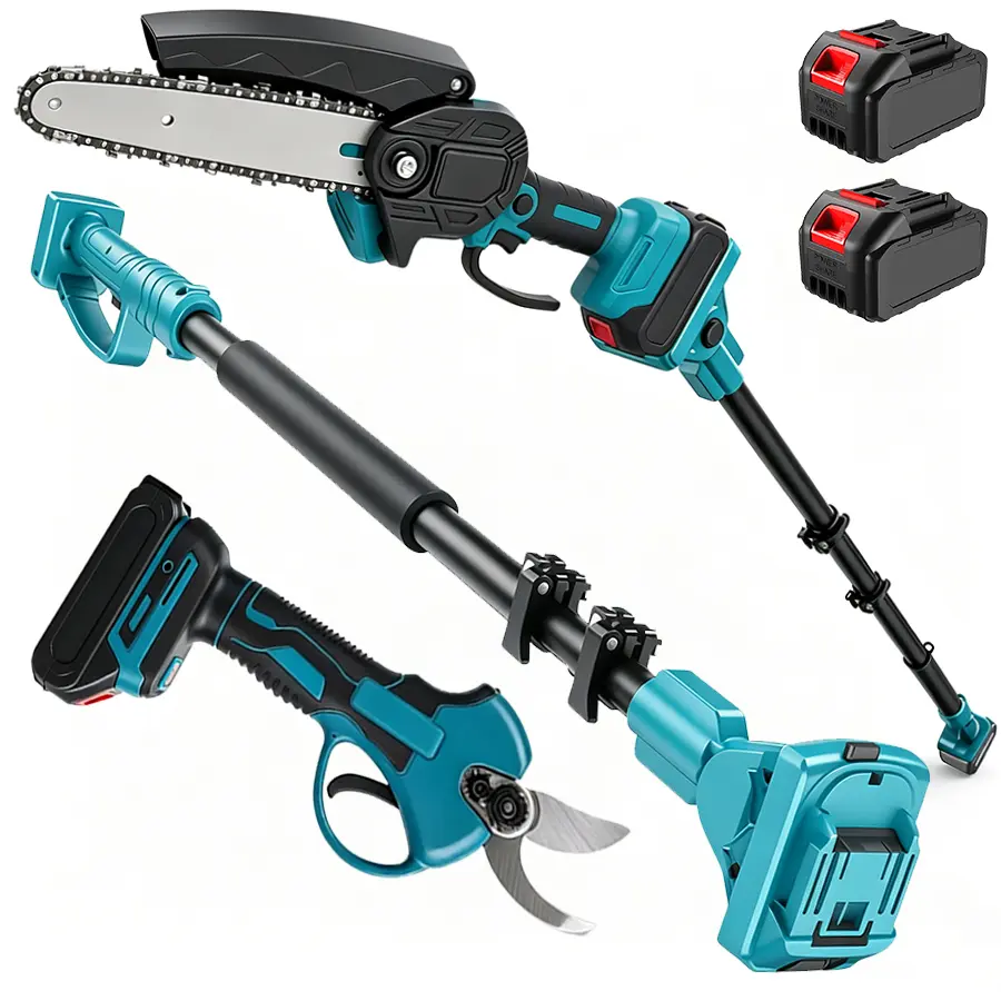 3-in-1 Cordless Pole Saw & Mini Chainsaw Garden Tools Set with 2 Batteries, Extension Pole, Garden Scissors for Tree Trimming, Limb Branch Cutter for Outdoor Use, Father's Day Gift