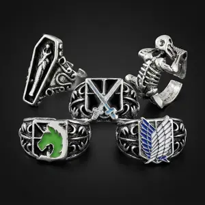 5PCS Badge Rings Set – Vintage Gothic Skull & Coffin Rings, Unisex Adjustable Open Band Statement Jewelry, Gift for Him Boyfriend Punk Rock