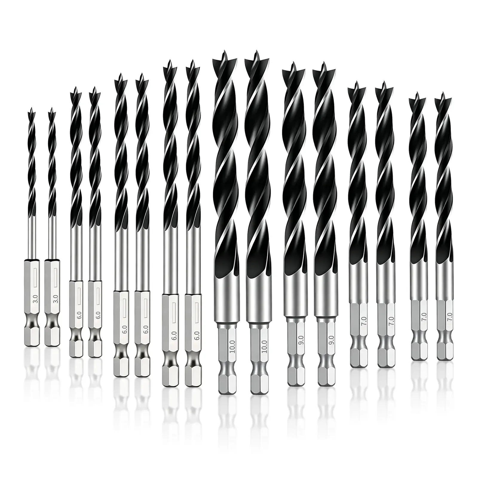 Brad Point Hex Shank Drill Bit Set with Double Flutes Design – Clean, Burr-Free Holes for Woodworkers, Hardwoods, Plywood, Plastic