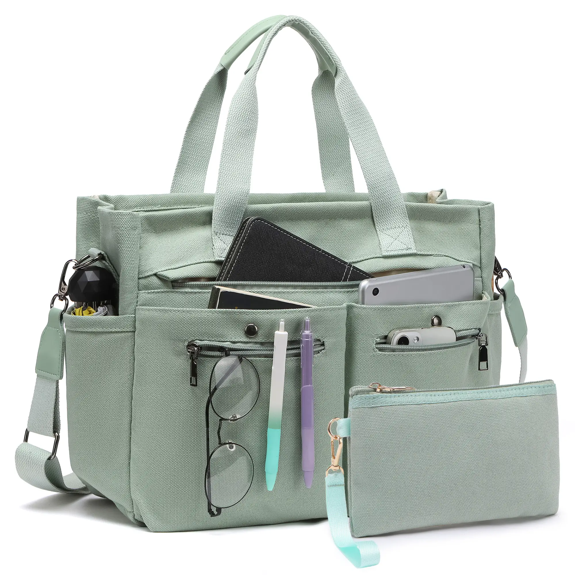 2-Piece Set: Women's Spacious Canvas Tote Bag – Ideal as a Laptop Bag, Crossbody...