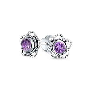 Bali Gemstone Birthstone Flower Stud Earrings Oxidized