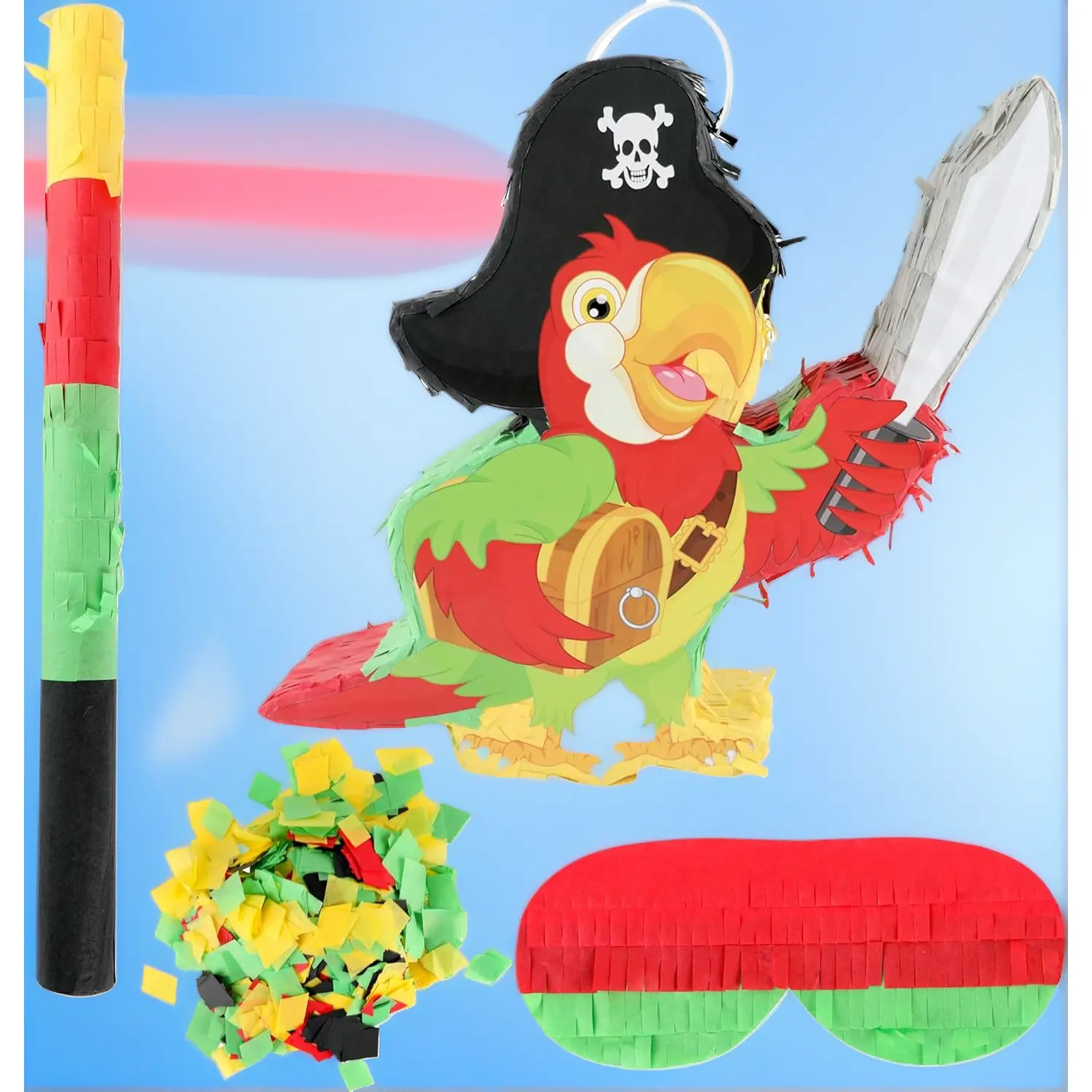Pirate Parrot Piñata Paper Tropical Bird Design Pinata with Stick Blindfold Confetti Parrot Piñata for Luau Hawaii Summer Pirate Theme Birthday Party Decor