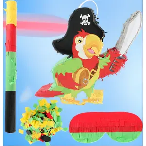 Pirate Parrot Piñata Paper Tropical Bird Design Pinata with Stick Blindfold Confetti Parrot Piñata for Luau Hawaii Summer Pirate Theme Birthday Party Decor