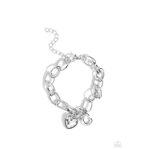 Guess Now Its INITIAL - White - C Heart Gem Letter Alphabet Silver Charm Bracelet - Paparazzi