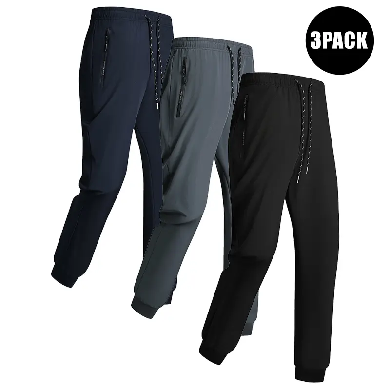 3-pack men’s athletic pants with zippered pockets, drawstring elastic waistband, breathable lightweight fabric suitable for sports and casual wear, a perfect gift choice, modern-style athletic pants with practical pocket design.