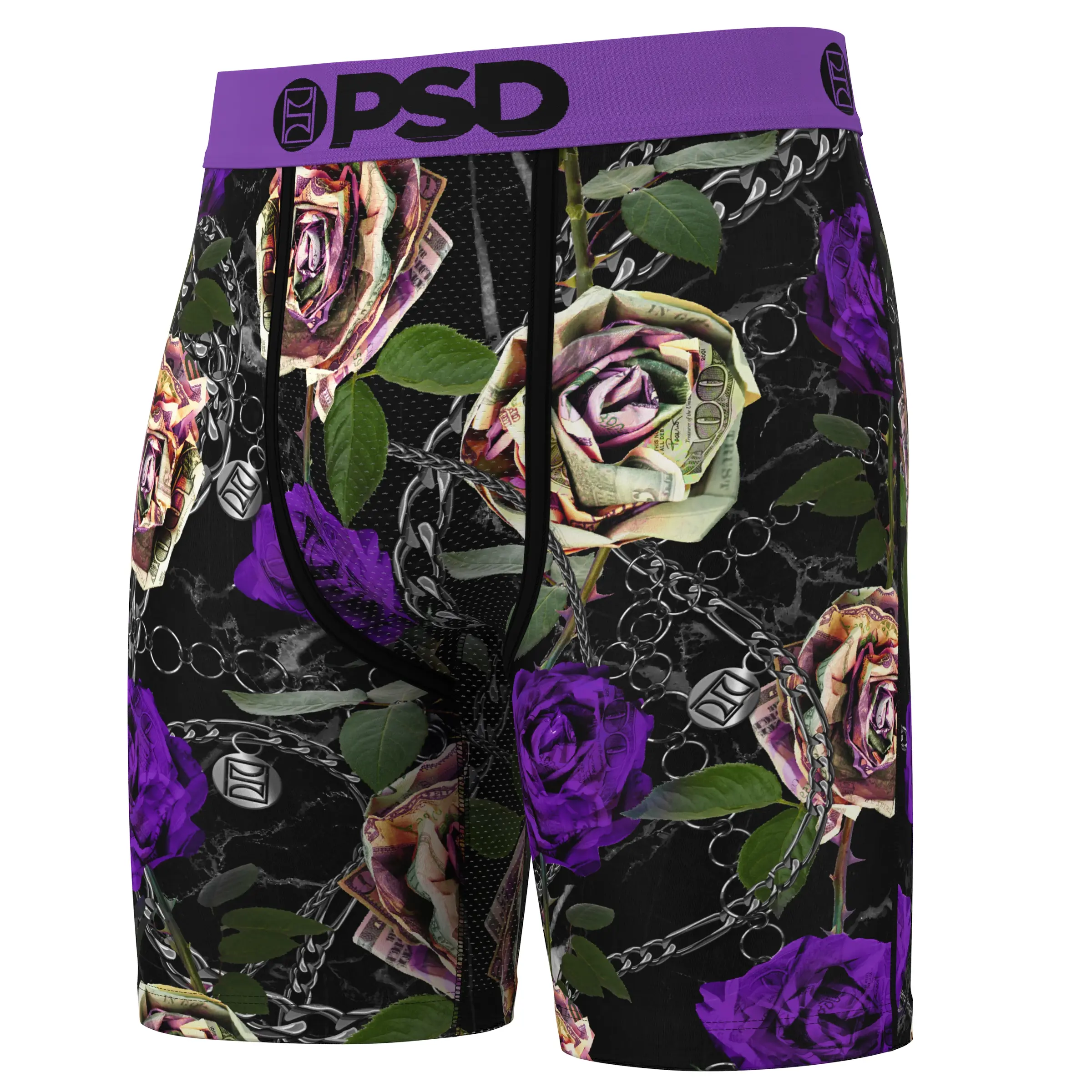 PSD Mens Rose & Chains Boxer Brief - Standard Length 7 Inch Inseam, Moisture-Wicking 4-Way Stretch Fabric Menswear
