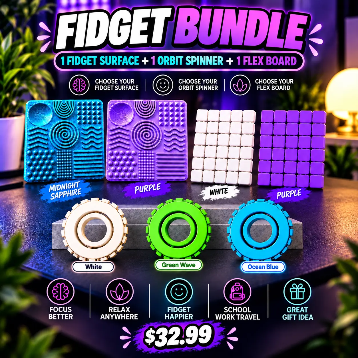 3-Piece Fidget Bundle – Fidget Surface, Orbit Spinner & 40-Tile Flex Board | 3D Printed Sensory Desk Toys
