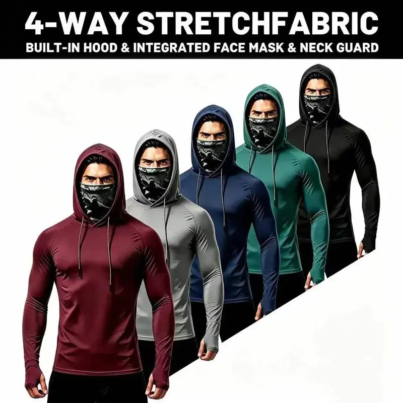 Men's Fitted Plain Cotton 3/5/6-Pack UPF Sun Compression Hooded Shirts - QuickDry, Breathable, Medium-Length Long-Sleeve Tops with Attached Face Mask, Lightweight Cooling Activewear for Construction, Machine Washable
