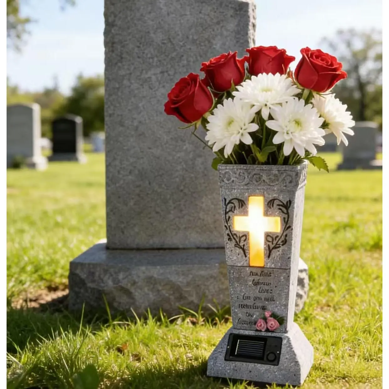 Solar Cemetery Vase - Waterproof Memorial Flower Holder with LED Cross Light, Sympathy Gift for Grieving Individuals, Grave Accessory for Fresh or Artificial Flowers