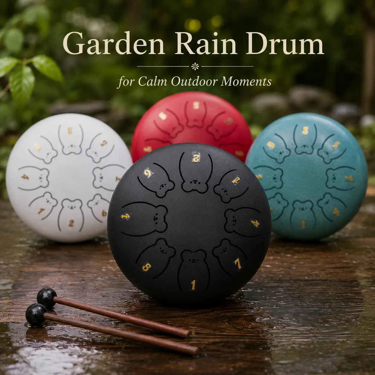 Steel tongue drum, 6 inches, 8 notes; cute bear wooden mallet drum; easy-to-learn children’s Zen drum for adult music therapy and meditation