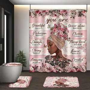 LVRLVR 4Pcs Black Woman Floral Headwrap Bible Affirmation Quote Print Pink Boho Multi-Color Shower Curtain Set Bathroom Curtain Set 70.8×70.8 Inch