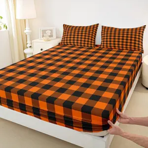 Checkered Fitted Sheet,Orange Black Classic Gingham Buffalo Plaid Mattress Protector,Geometric Grid Art Print Elastic Deep Pocket Kids Bed Cover (No Flat Sheet)