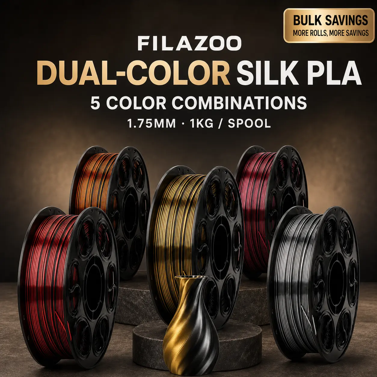 FILAZOO Silk Dual-Color PLA Filament with Multiple Shades, 1.75mm 1KG Spool - Co-Extrusion Glossy Finish, High-Speed Optimized Neat Winding, Smooth Printing, Compatible with Bambu Lab X1/P1S/A1, Creality Ender 3, FDM 3D Printers Premium Bundle, Diy Users