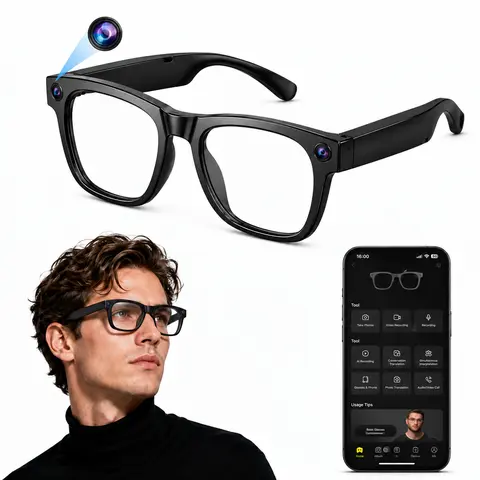 OIQII Modern Smart Glasses with Camera - 8MP Recording Glasses, 160.5mm, 1-Hour Fast Charging, Bluetooth 5.3 Audio Player, Hands-Free Capture, 160+ Languages Real-Time Translation, Touch Control, USB, WiFi, Batteries Included, iOS/Android Compatible