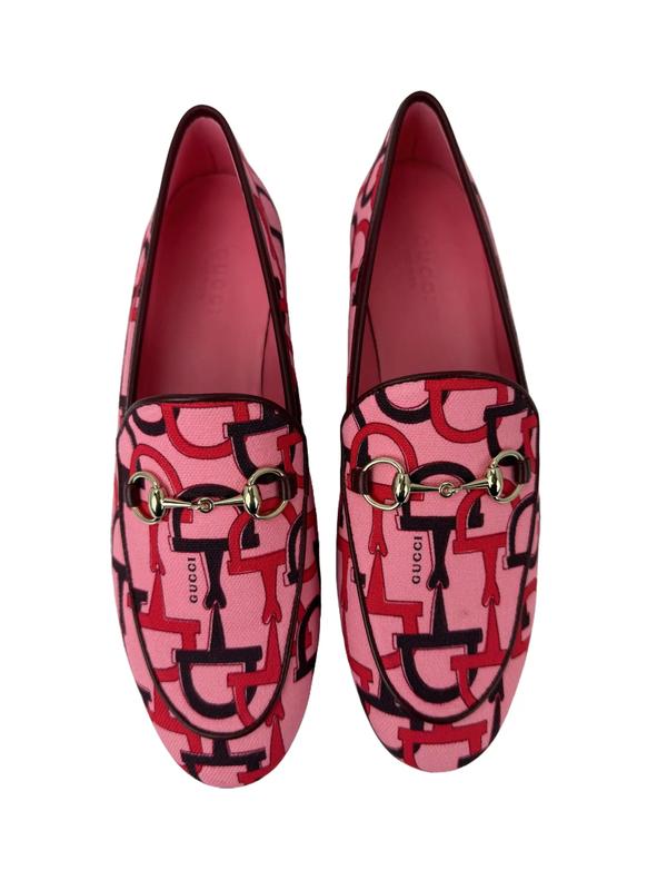Gucci Jordaan Horsebit Pink Canvas Loafers Flat Shoes Size 7.5