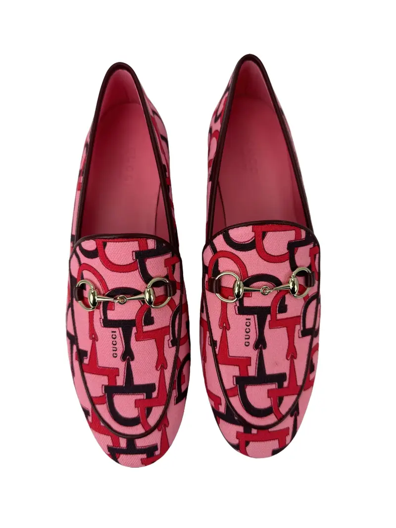 Gucci Jordaan Horsebit Pink Canvas Loafers Flat Shoes Size 7.5