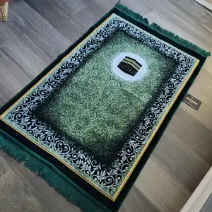 Kaaba Turkish DAILY Plush Prayer Rug GREEN - Soft Durable Fabric with Geometric Patterns for All Seasons Home Mosque Use